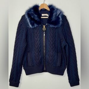 Tory Burch Navy Cable Knit Sweater with Faux Fur Collar
